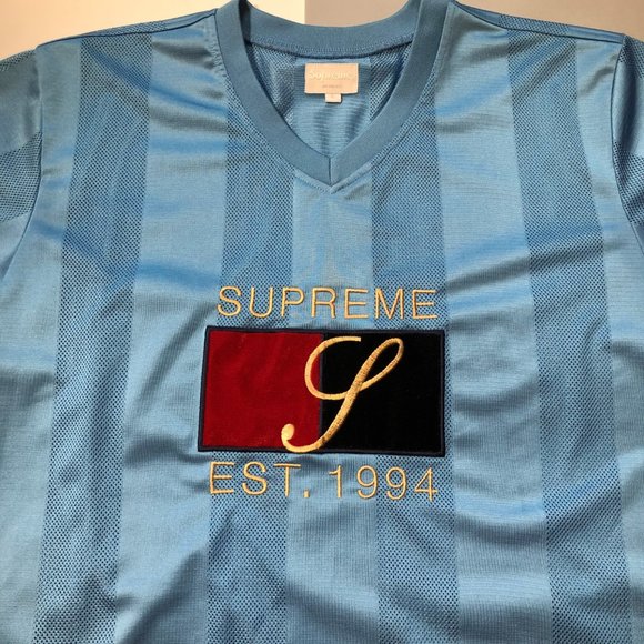 Supreme SS16 Velvet Logo Mesh Stripe Top Jersey Tee Size Large - Picture 2 of 6